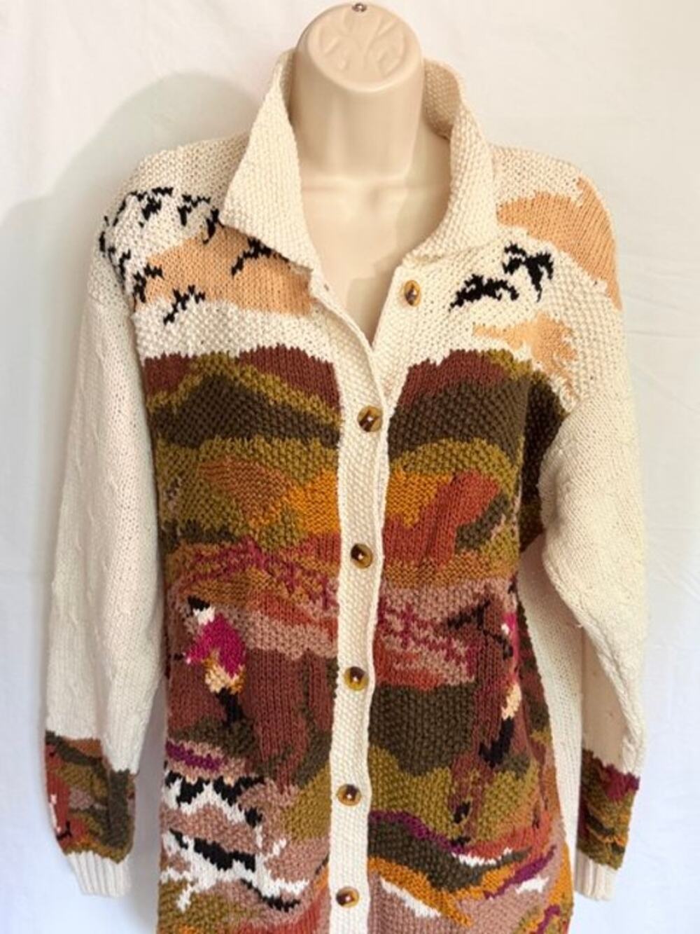 Vintage Casual Corner "Fox Hunt" Knit Cardigan Colorful Size L Equestrian Horses